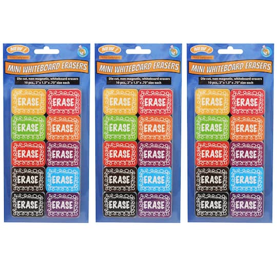 Ashley Productions Non-Magnetic Mini Chalk Loop Whiteboard Erasers, 3 Packs of 10